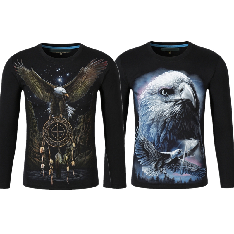 Autumn Men's 3D Stereo Animal Pattern Rock Personalized Trbottomy Eagle Blue Eagle Loose Long-Sleeved T-Shirt Bottoming Shirt Top