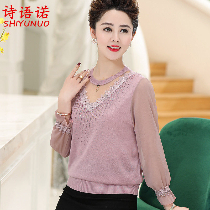 Middle-aged women wear spring and autumn yarn knitting blouse shirt, send mommy summer long sleeve T-shirt