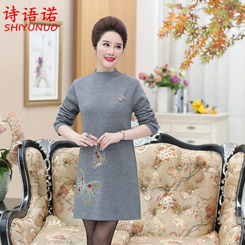 Fall new middle aged leisure medium long version embroidered gold silk sweater mother winter clothing wool fashion jersey 50