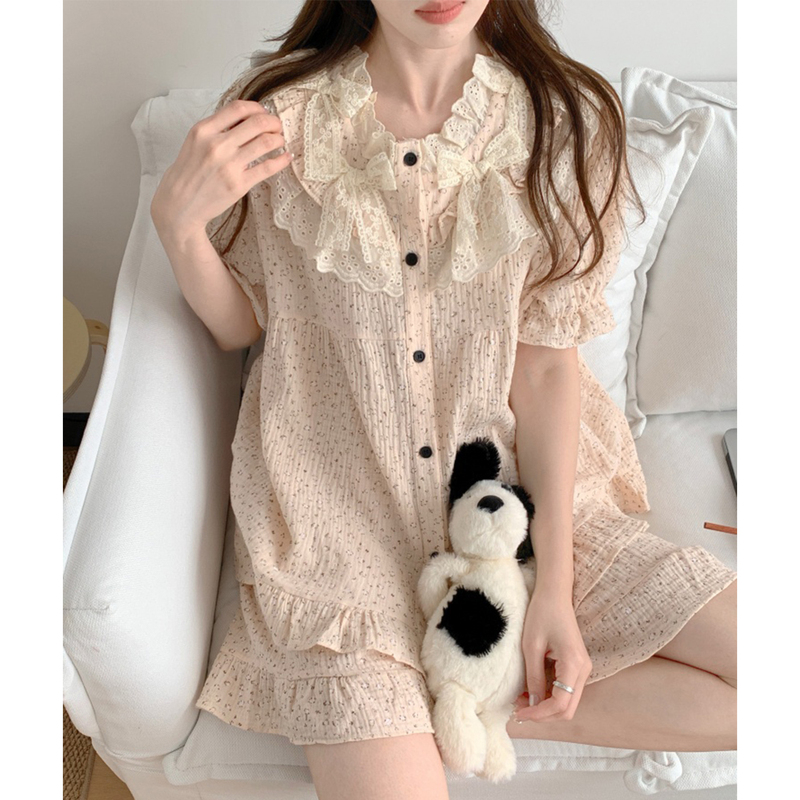 Korean Style Palace-Style Pajamas for Women, Summer Pure Cotton Double-Layer Gauze Heavy-Duty Bow Lace Short-Sleeved Long Pants Nightgown Set