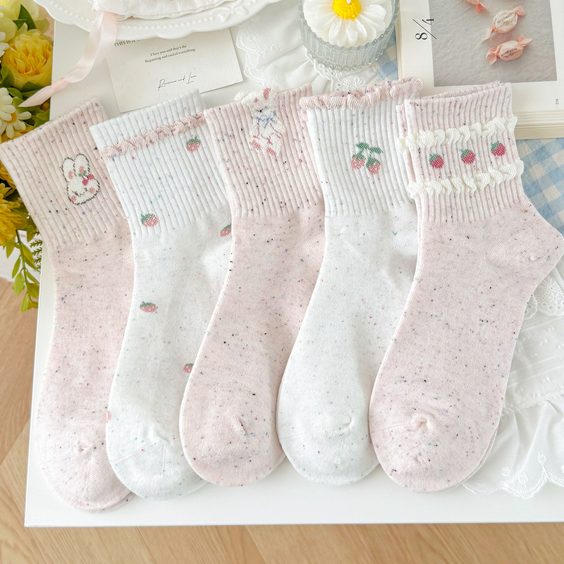 2026 Autumn New Pink Dot Socks Women's Cotton Socks Breathable Cute Girl Cartoon Lace Student Mid-Calf Socks