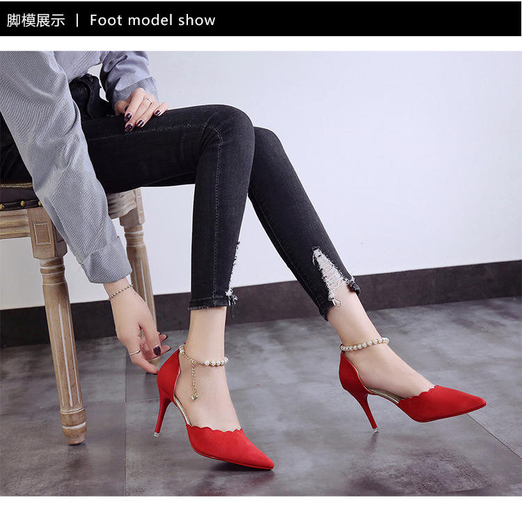 Xuân 2018 mới nhọn stiletto từ khóa giày đơn đính cườm gợi cảm vòng chân gót giày nông miệng giày quai hậu nữ