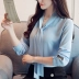 Mùa xuân 2019 áo sơ mi trắng nữ mới phiên bản Hàn Quốc của áo thun dáng dài tay voan rộng cổ áo sơ mi cổ chữ V Áo sơ mi