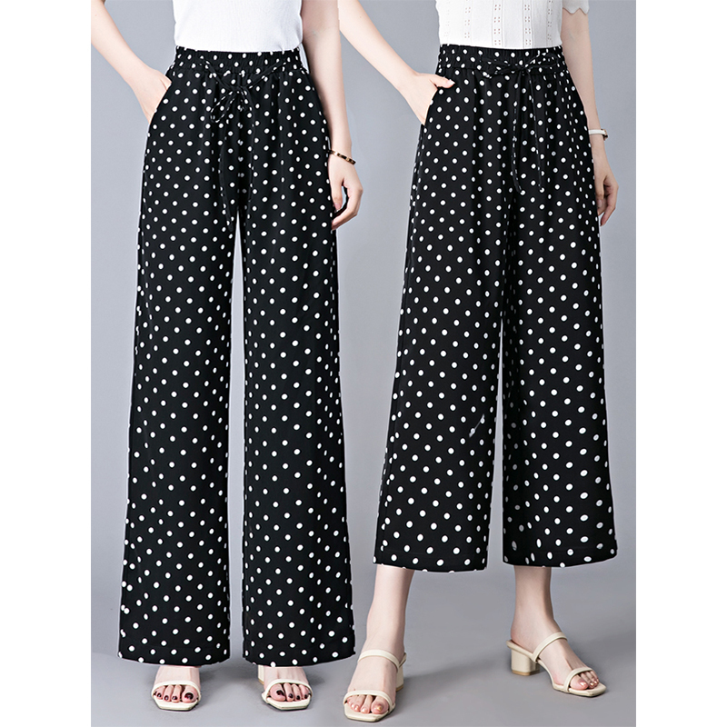 Ice Silk Wide-Leg Pants for Women, Thin Style, Summer 2026, High-Waisted, Loose Straight-Leg Pants, Polka Dot, Nine-Point Length, Drapey Floral Pants