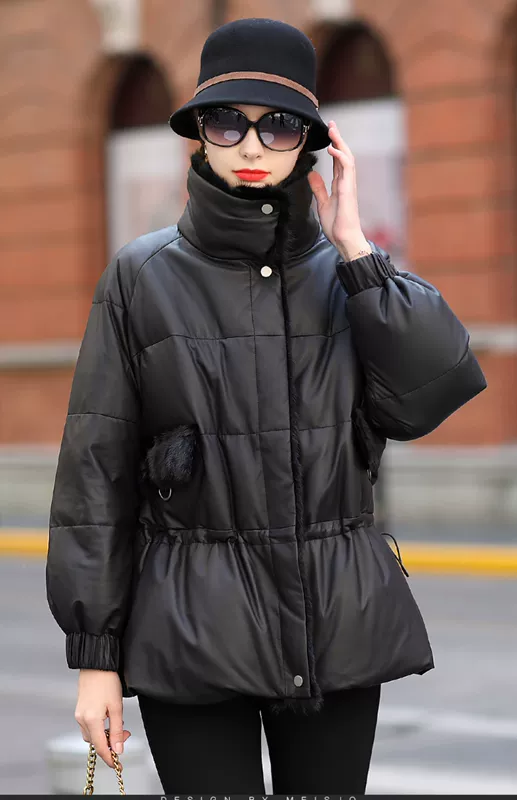 Mei Sijiao 2019 Hained Leather Down Jacket Nữ Short Mink Fur Cổ áo Thời trang Áo khoác da cừu giản dị - Quần áo da