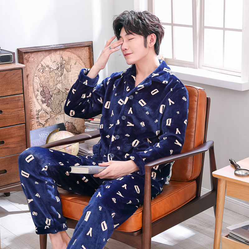 卡欧澜中老年珊瑚绒睡衣男士秋冬季大码加厚加绒法兰绒家居服套装