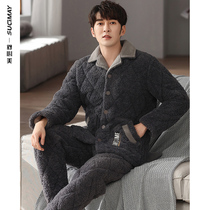 2021 new mens pajamas winter three layer thick velvet cotton winter super thick home clothing mens warm set