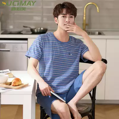 Men's pajamas cotton summer short sleeve set thin summer men's youth cotton loose large size striped home clothes