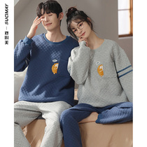 Autumn and winter air cotton mezzanine couple pajamas long sleeve thick cotton casual outside wear home clothes men and women set