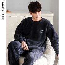 Flannel pajamas mens autumn and winter thickened plus velvet mens warm coral velvet simple home clothing large size set