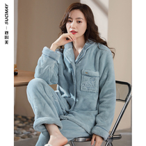 Coral velvet pajamas womens winter New simple plus velvet home clothing thickened two-piece set to keep warm in winter can be worn outside