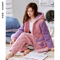 Coral velvet winter pajamas women warm super thick plus velvet three-layer clip cotton-padded jacket cartoon set flannel home wear