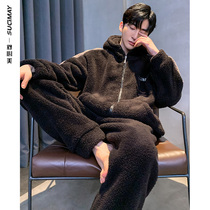 Pajamas men autumn and winter coral velvet padded velvet flannel mens home clothes winter black can be worn outside