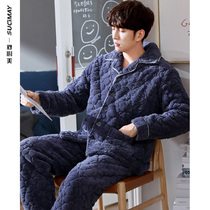 Pajamas men winter plus velvet super thick three-layer cotton home clothing warm coral velvet wear suit winter