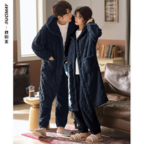 Couple pajamas autumn and winter thickened velvet coral flannel mens nightgown ladies dark blue home suit suit