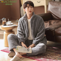 Pajamas mens autumn and winter coral velvet padded velvet stand collar zipper flannel winter home wear men can be worn outside