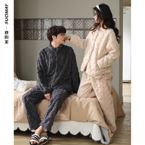 2 sets of price couple pajamas winter coral velvet thickened plus velvet home clothing Autumn Winter men and women set bow
