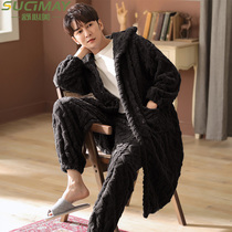 Coral velvet robe mens autumn and winter long plus velvet padded flannel pajamas mens suit black bathrobe home wear
