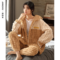 Coral velvet pajamas womens winter thickened plus velvet warm size flannel home clothing winter cartoon embroidery set