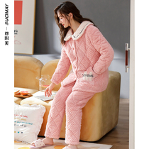 Pajamas womens winter three layers of thick coral velvet cotton and velvet sweet and lovely warm Lady flannel home wear