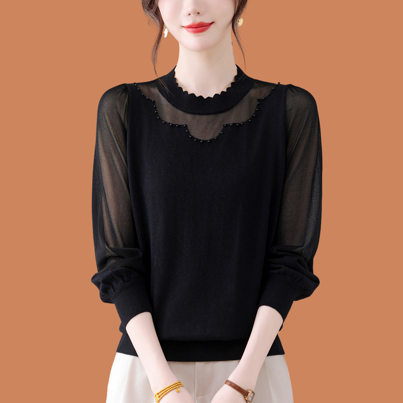 Beautiful Lace Long-Sleeve T-Shirt for Women, Suitable for Spring and Autumn, Made of Mulberry Silk, Covers the Body, Stylish and Popular, Loose-Fitting Top for Layering