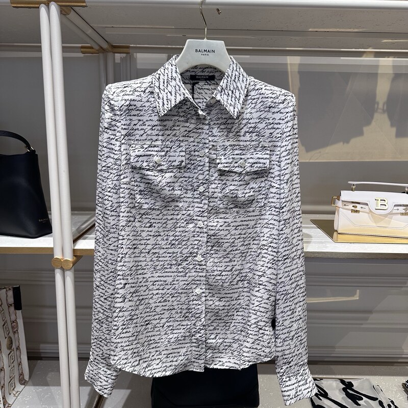 Balmain 60% off Women's F/Y Series White Letter-Printed Silk Padded Shoulder Long-Sleeved Shirt