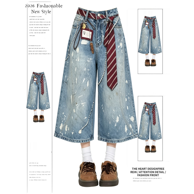 American Retro Washed Distressed Splash-Ink Cropped Denim Shorts for Women, 2026 Summer New Style, Loose and Slimming Wide-Leg Shorts