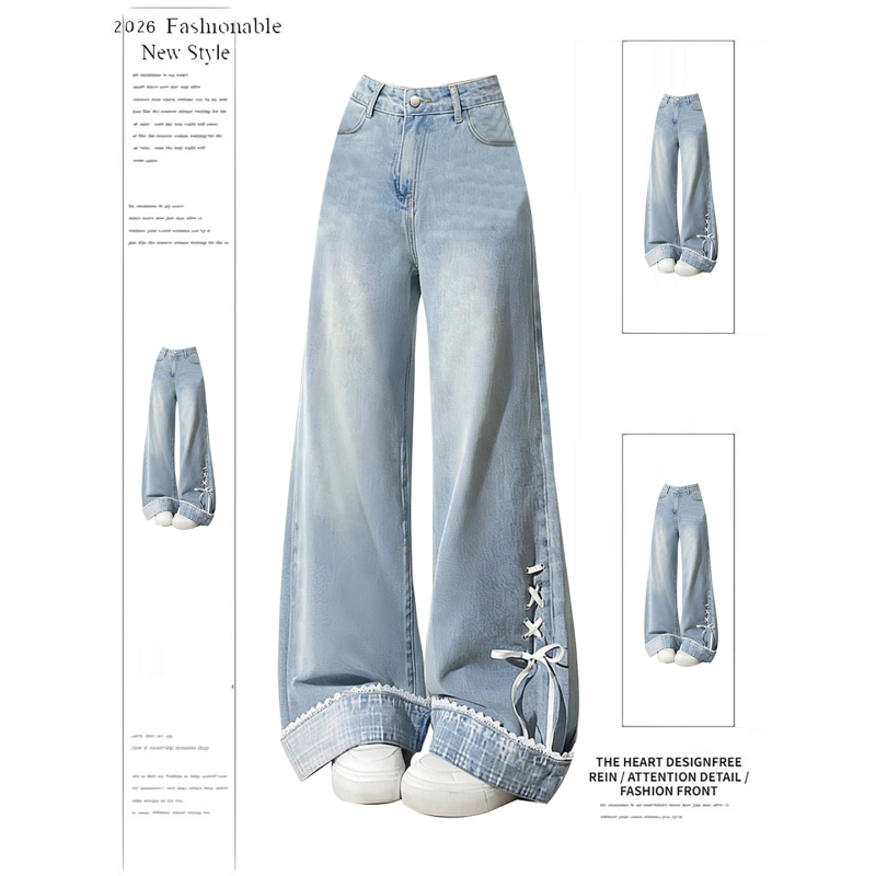 Bow-Tie Strap Niche Cuffed Jeans for Women, Spring 2026 New Design, Loose Straight-Leg Wide-Leg Pants Bow-Tie Strap Niche Cuffed Jeans for Women, Spring 2026 New Design, Loose Straight-Leg Wide-Leg Pants