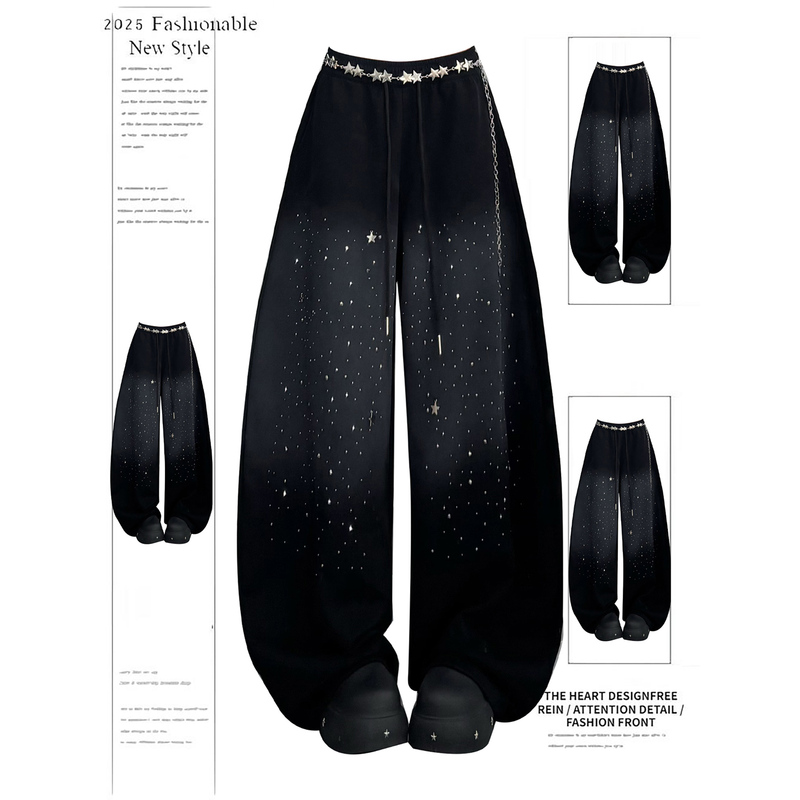 Rhinestone Starry Sky Gradient Black Scimitar Pants for Women, Autumn and Winter Design, Loose Sweatpants, Casual Pants, Jazz Dance Pants