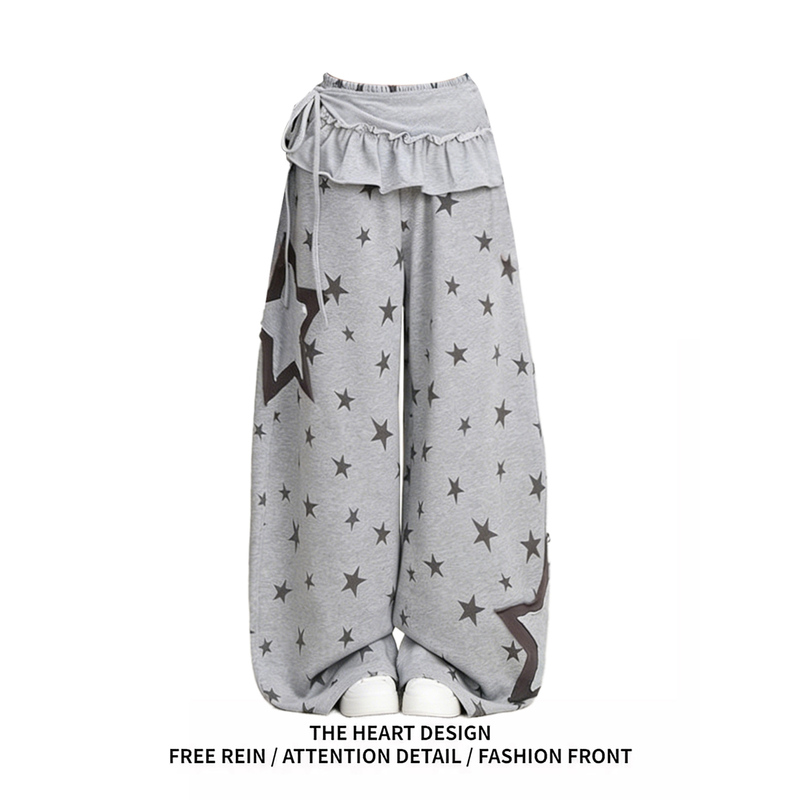 All-Over Star Print Wide-Leg Sweatpants for Women, New Spring Subculture Style, Fake Two-Piece Pants, Loose Casual Pants