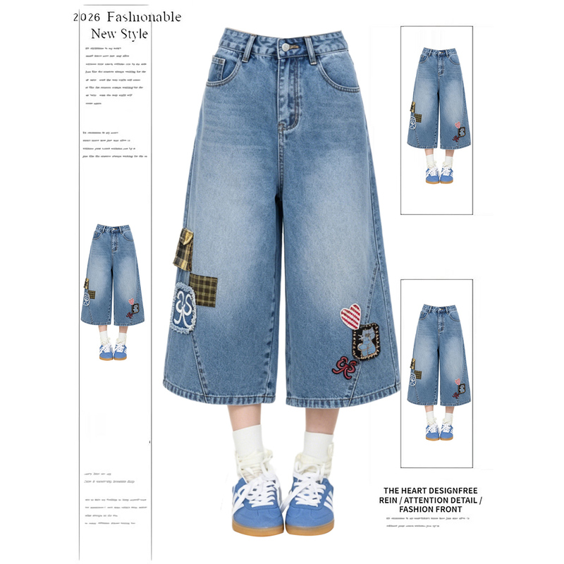 American Retro Style Cat Patchwork Ripped Denim Cropped Pants for Women 2026 Spring/Summer New Loose Wide-Leg Cropped Pants