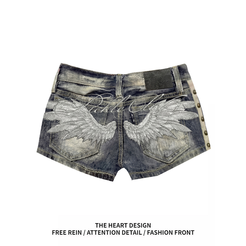 Angel Wings Embroidered Rivet Denim Shorts for Women, New Summer Subculture Pants, Hot Girl Distressed Low-Waist Hot Pants
