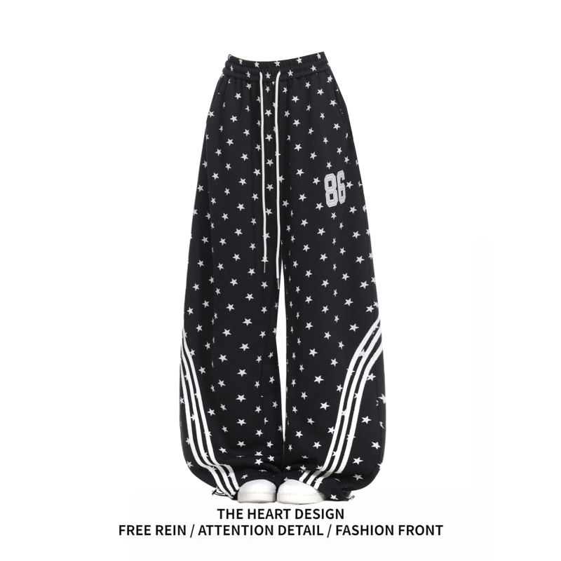 American Retro Star-Print Striped Three-Stripe Sweatpants for Women, Loose Dance Sports Pants, Wide-Leg Scimitar Casual Pants