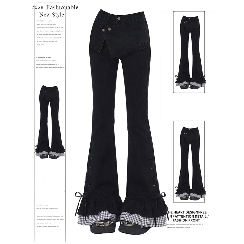 American Retro Layered Flared Jeans for Women, Spring and Summer Design with Bow Tie Patchwork, Faux Two-Piece Pants
