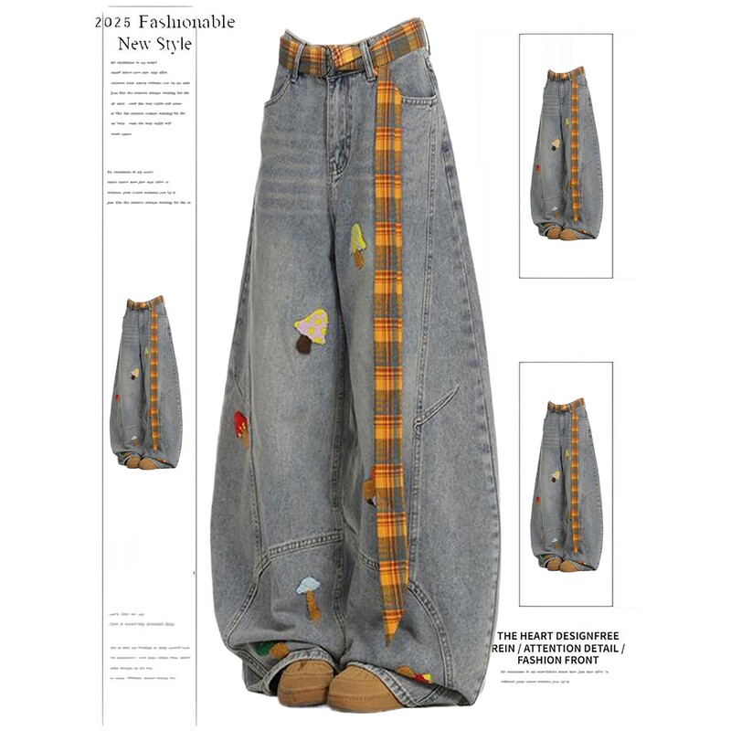 American-Style Fun Cartoon Towel Embroidery Scimitar Jeans for Women, New Spring Loose Straight Wide-Leg Floor-Length Pants, Trendy American-Style Fun Cartoon Towel Embroidery Scimitar Jeans for Women, New Spring Loose Straight Wide-Leg Floor-Length Pants, Trendy