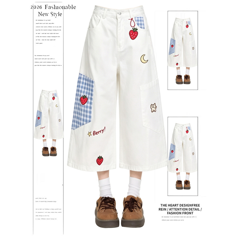 Super Cute Apple Puppy Three-Quarter Length White Denim Pants for Women, American-Style Fun Embroidery, Vintage Washed Straight-Leg Cargo Pants