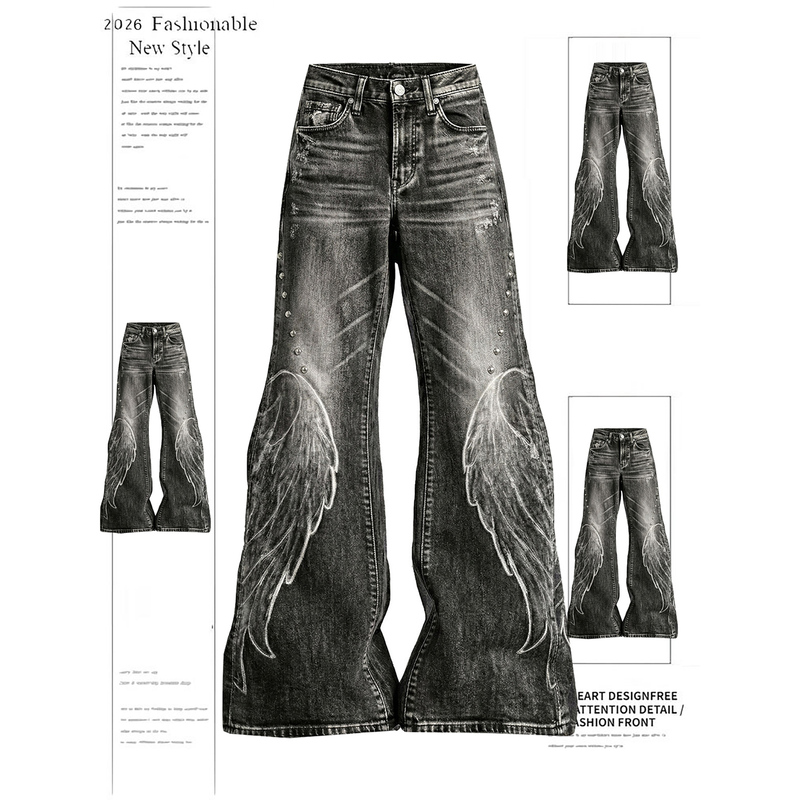 American Retro Distressed Wing Patch Flared Jeans for Women, Spring Punk Style Slim Fit Bell-Bottom Pants
