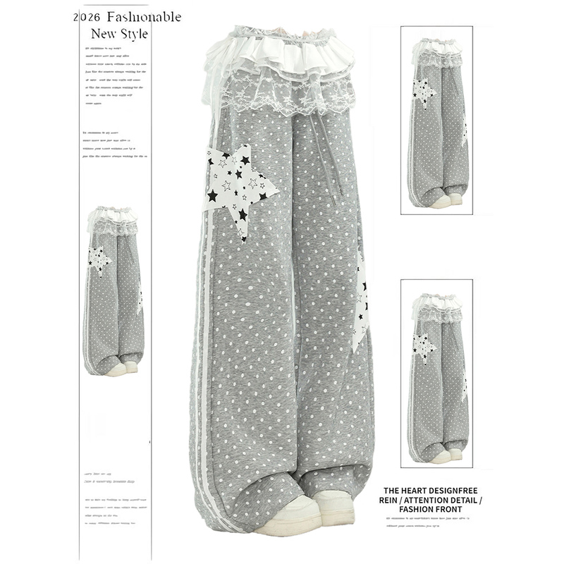 Gray Polka Dot Star Patch Casual Pants for Women, Spring 2026 New Design, Loose Fit, Slimming Wide-Leg Pants Gray Polka Dot Star Patch Casual Pants for Women, Spring 2026 New Design, Loose Fit, Slimming Wide-Leg Pants