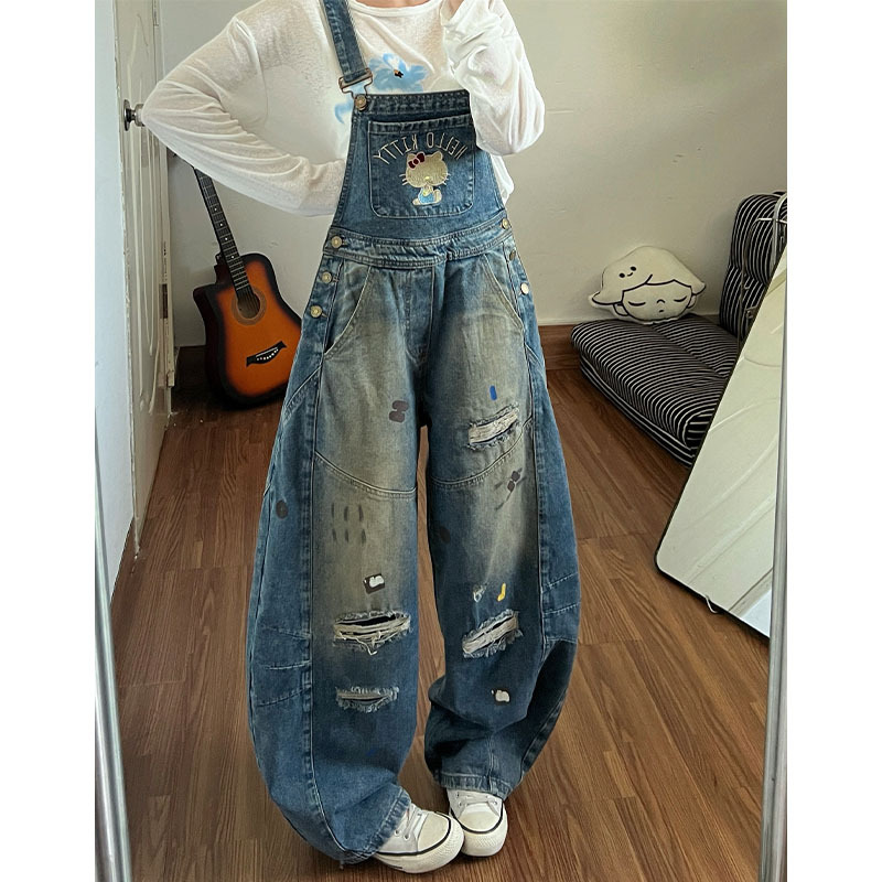 American Retro Washed Ink-Splashed Cartoon Embroidered Denim Overalls for Women, Spring Design, Loose Wide-Leg Floor-Length Pants