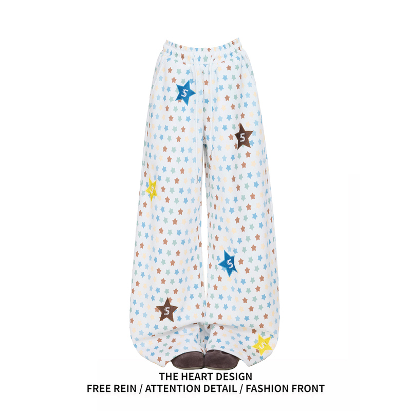 Dopamine-Style Colorful Star Print Casual Pants for Women, Spring Design, Loose Straight Wide-Leg Pants, Scimitar Pants
