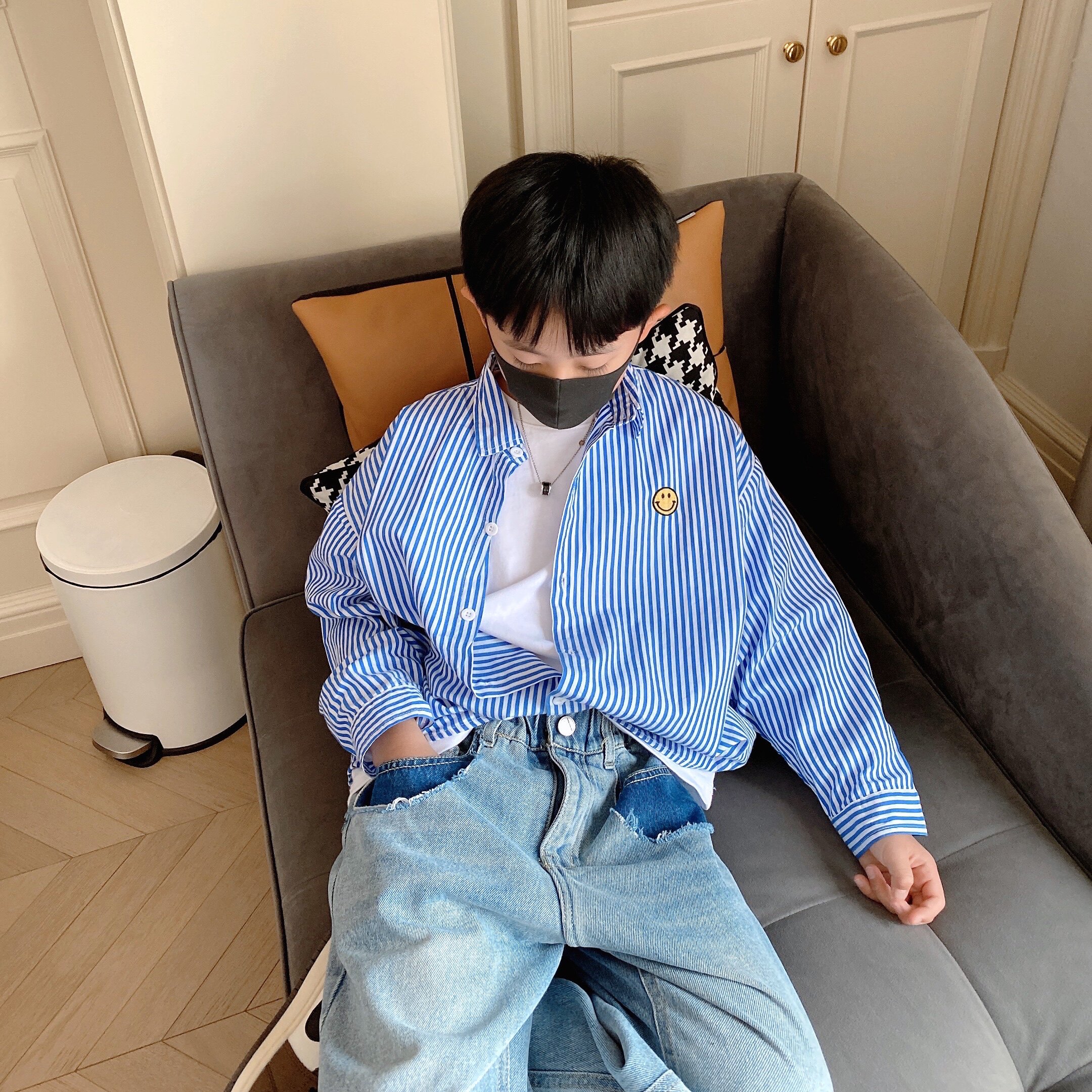 Rice Little Fan 2022 Spring New Boy Blue Vertical Striped Shirt CUHK Boy Casual Shirt Loose Blouse