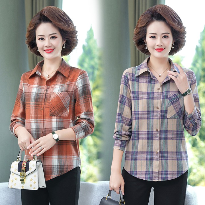 Mom spring and autumn shirt velvet long-sleeved plaid cotton shirt Middle-aged women winter cotton top thick Ocean pie