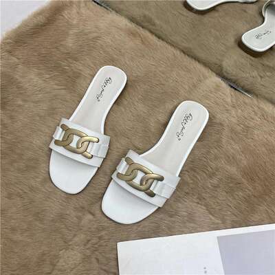 New summer white sheepskin lazy shoes, flat slippers for women, metal buckle one-shoulder flip-flops, cool slippers for women