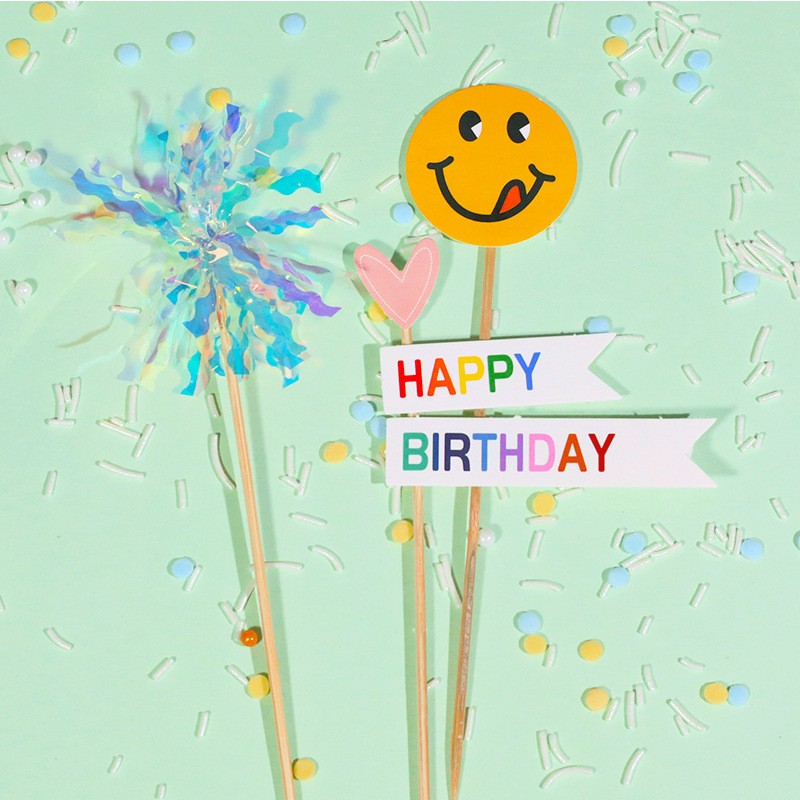 Net Red Wind Retro Little Bear Cake Plugin Han Style Creative Smiley Face Flag Inserted Birthday Party Decorative Rain Silk