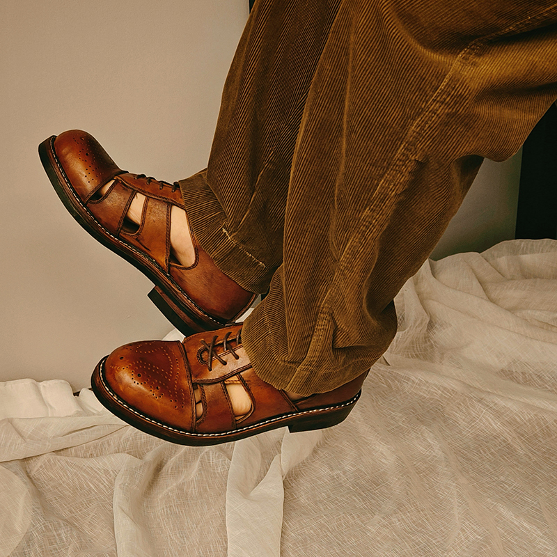 Goodyear Retro Brogue British Style Genuine Leather First Layer Cowhide Shoes Thick-Soled Retro Closed-Toe Roman Sandals for Men