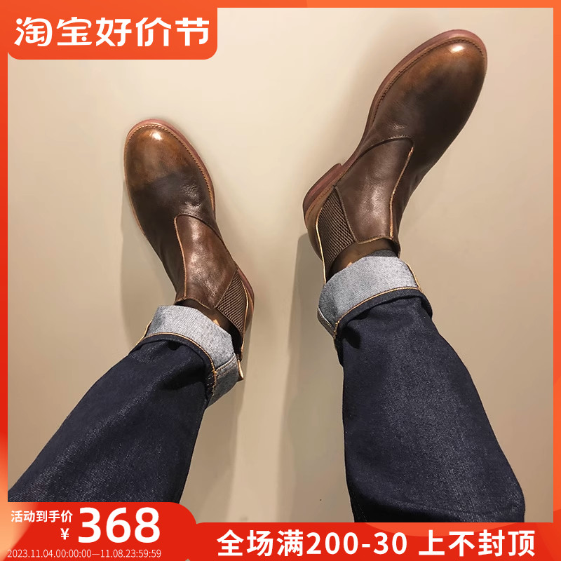 American retro Inn Wind High Help head Chelsea boot Overalls Martin Short Boot Men's Girls High Help genuine leather Shoe Tide-Taobao