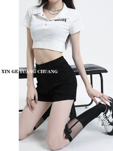 Черная цветная джинсовая юбка, шорты, тонкие эластичные штаны, в американском стиле, высокая талия, с акцентом на бедрах, в обтяжку, по фигуре, А-силуэт