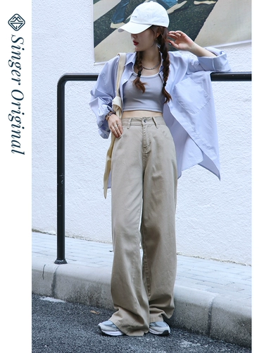 Хаки джинсы, летние штаны, высокая талия, свободный прямой крой