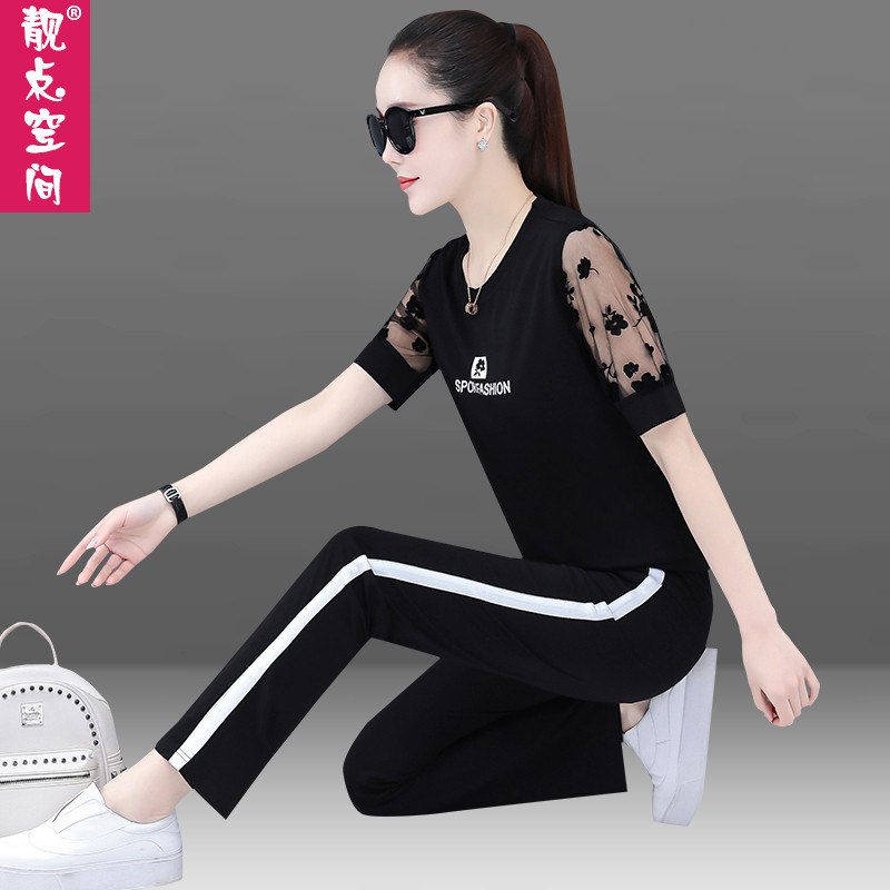 Sports Casual Suit Women's Summer Loose Short Sleeves Fashion Thick T-shirt 2022 New Large Size Women's Clothing Web Yarn Two Sets