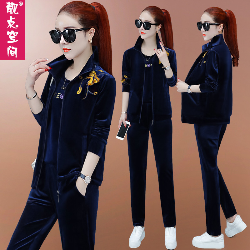 Golden Velvet Casual Sports Suit Women's New Fall 2022 Grand Scale Easy Sports Suit Korean Version Three Sets Spring Autumn